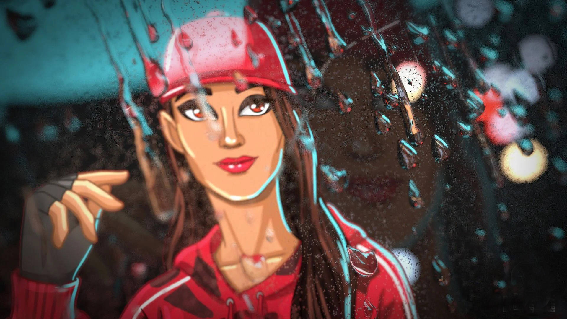 Ruby 桌布 壁紙 — 一個風格化的動漫女孩，穿著紅色連帽衫和帽子，透過濺滿雨水的窗戶凝視，背景中模糊的發光城市燈光。
