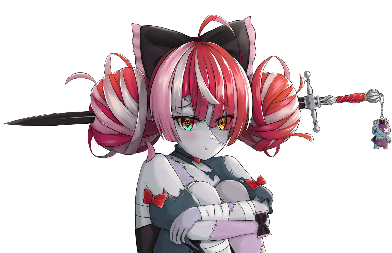 Faris Nyannyan 桌布 壁紙 — 一個風格化的動漫女孩，粉紅色和白色的頭髮，在純白色背景前拿著一把帶有毛絨鑰匙圈的劍。