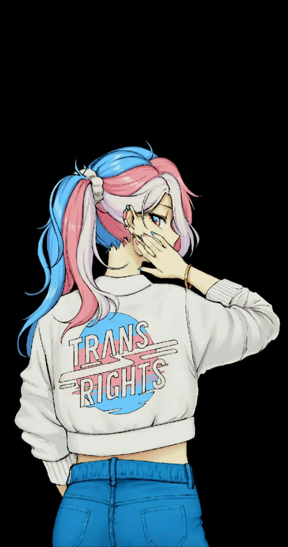 transgender 桌布 壁紙 — 一個風格化的動漫女孩，粉紅色和藍色的頭髮，穿著一件「Trans Rights」衛衣，在黑色背景前摀著嘴。
