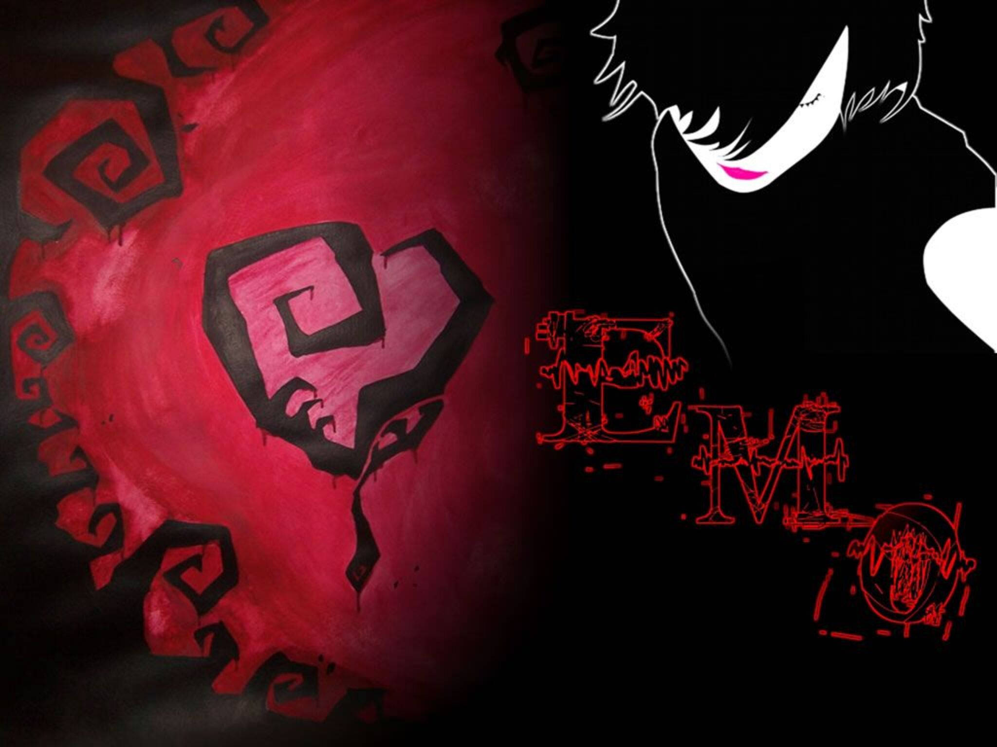emo 桌布 壁紙 — 一個風格化的動漫女孩，粉紅色的嘴唇和白色輪廓，俯視著一個紅色紋理球體，帶有黑色螺旋圖案和滴落的紅色字母emo。