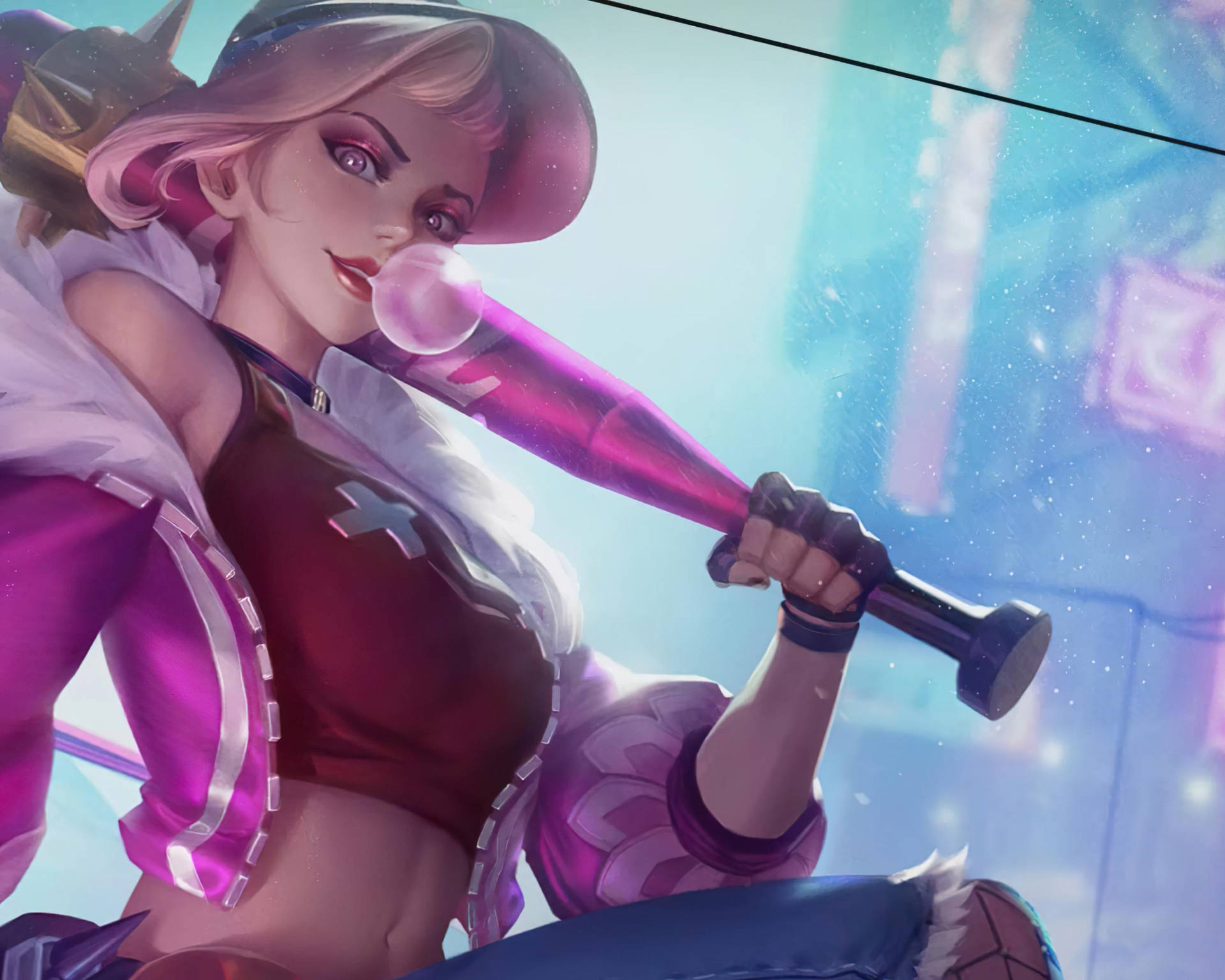 Mobile Legends 動態圖 桌布 壁紙 — 一個風格化的動漫女孩，粉紅色頭髮，在霓虹燈照亮的城市環境中吹著泡泡糖，同時拿著發光的粉紅色球棒。