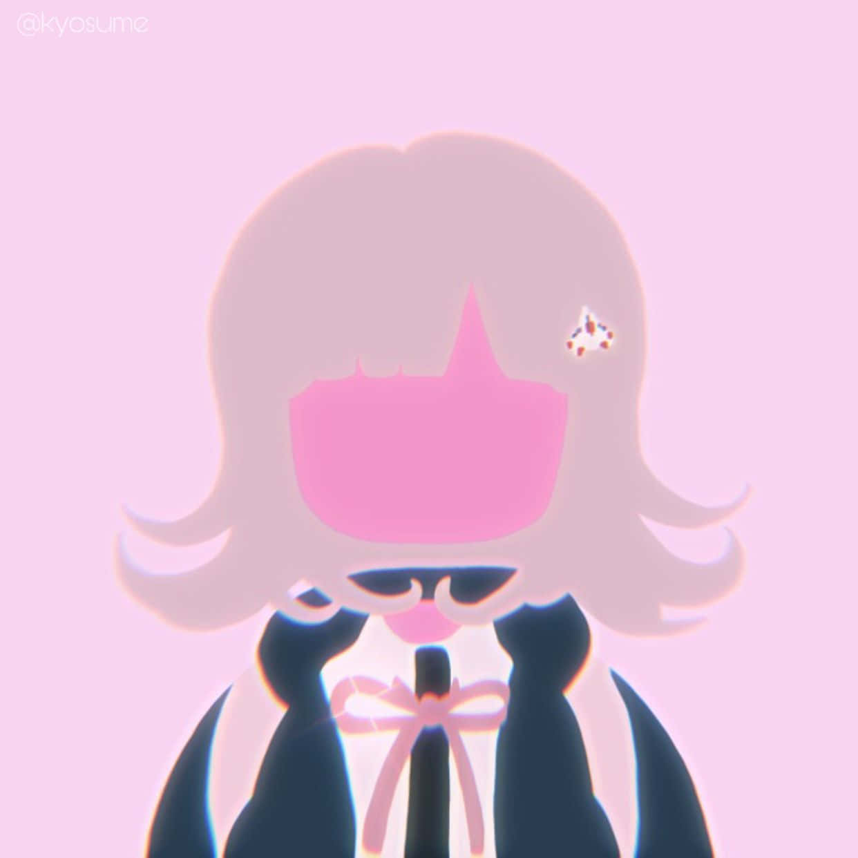 Good TikTok Profile 桌布 壁紙 — 一個風格化的動漫女孩，粉紅色頭髮和蝴蝶結，站在柔和的粉紅色背景前，帶有發光的光環。