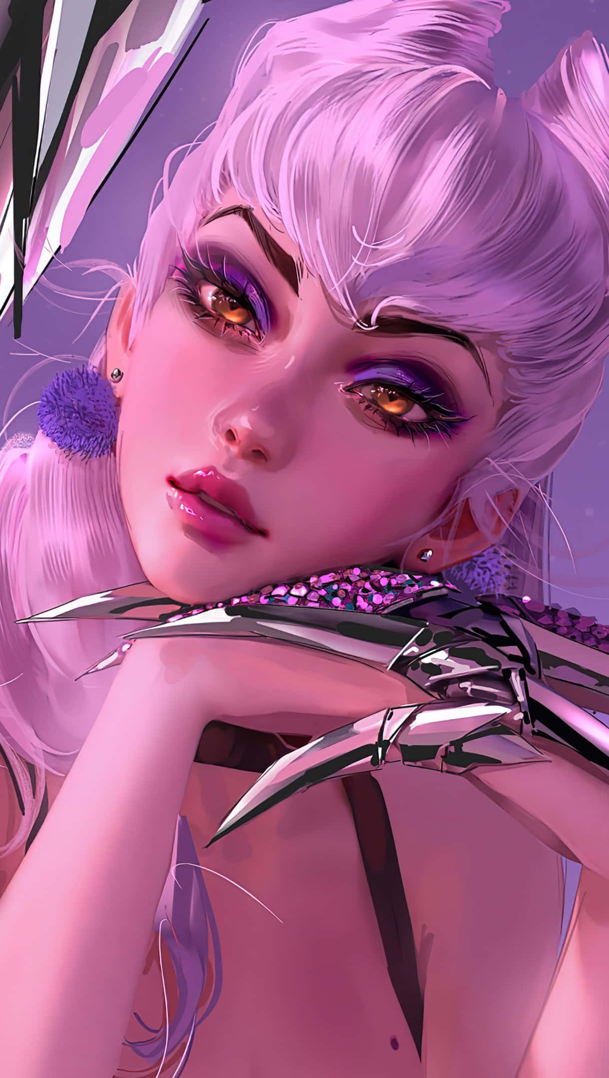 Girl Aesthetic 桌布 壁紙 — 一個風格化的動漫女孩，粉紅色頭髮和金屬爪子，在紫色背景上用手托著下巴。