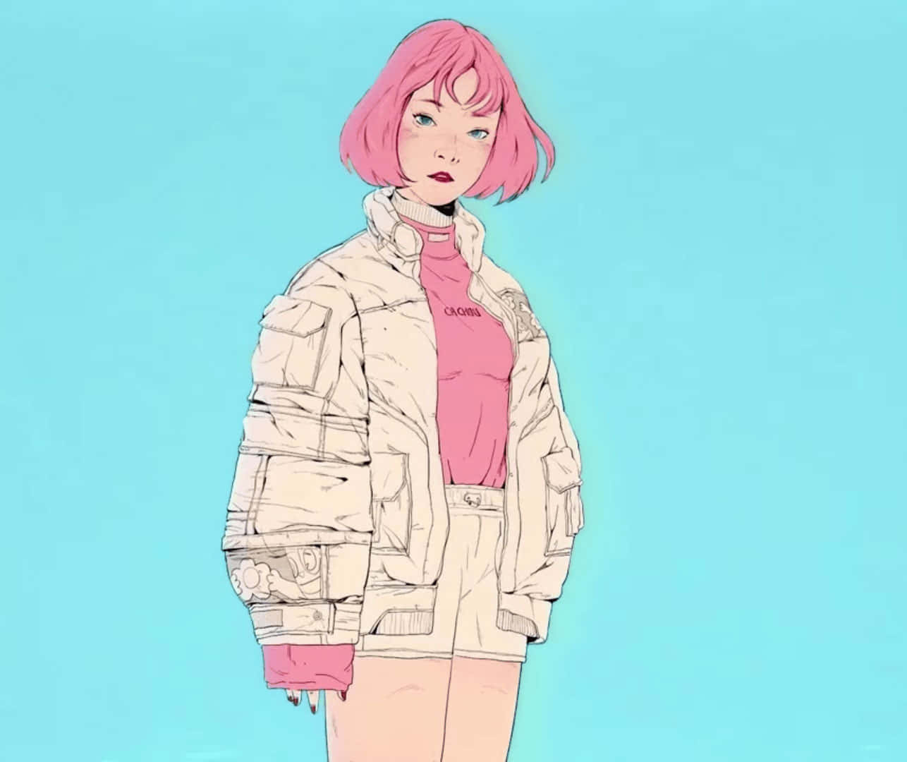 動漫女孩 桌布 壁紙 — 一個風格化的動漫女孩，粉紅色頭髮和外套，站在純青色背景前。