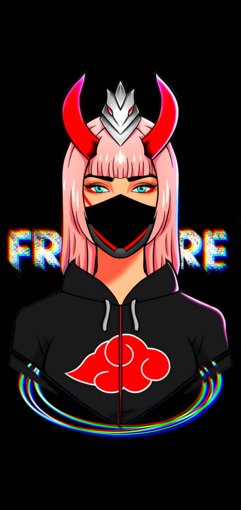 Gamer Logo 桌布 壁紙 — 一個風格化的動漫女孩，粉紅色頭髮、紅色角和黑色面具，穿著帶有紅色雲朵標誌的連帽衫，背景為深色並帶有故障文字。
