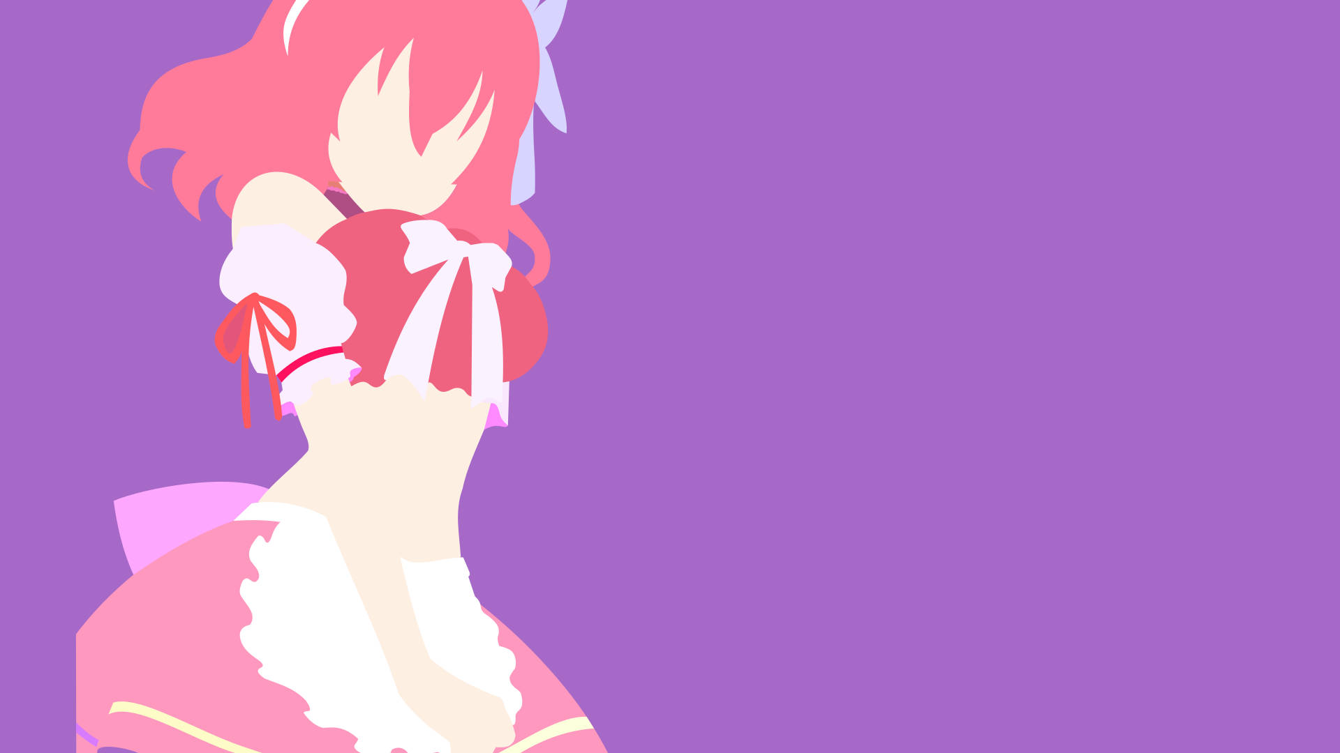 game 桌布 壁紙 — 一個風格化的動漫女孩，粉紅色頭髮和連衣裙，背對著純紫色背景。