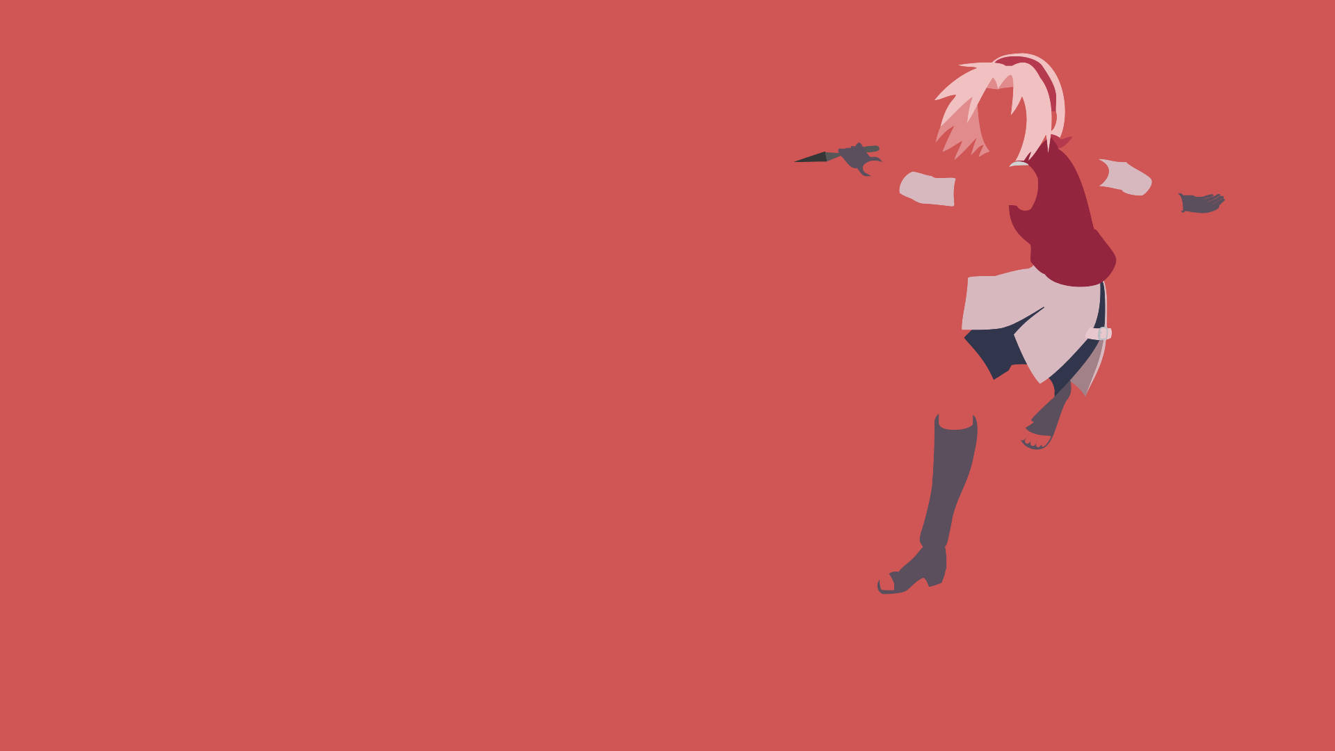 Sakura Haruno 桌布 壁紙 — 一個風格化的動漫女孩，粉紅色頭髮，在純珊瑚色背景上動態跳躍。