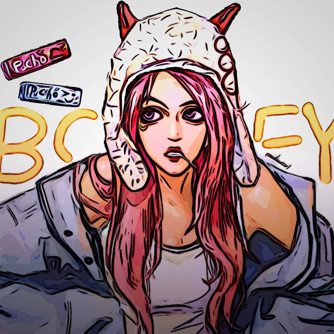 Jewelry Bonney 桌布 壁紙 — 一個風格化的動漫女孩，粉紅色頭髮和惡魔角，在塗鴉牆前抽煙。