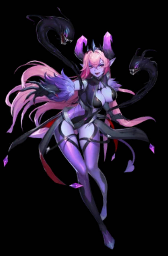 Mobile Legends 動態圖 桌布 壁紙 — 一個風格化的動漫女孩，粉紅色頭髮和紫色點綴，在黑暗背景前被兩條黑色蛇形生物包圍。