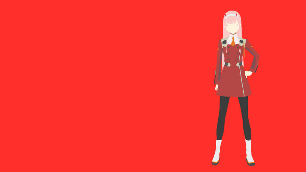 DARLING in the FRANXX 桌布 壁紙 — 一個風格化的動漫女孩，粉紅色頭髮和紅色外套，自信地站在純紅色背景前。