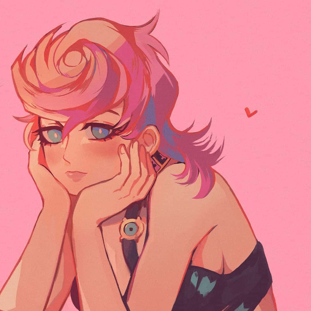 Trish Una 桌布 壁紙 — 一個風格化的動漫女孩，粉紅色頭髮和藍色眼睛，在純粉紅色背景上將下巴擱在手上。