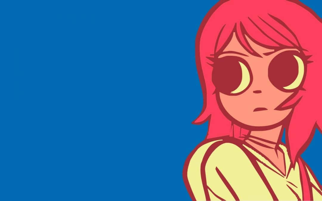 scott pilgrim 桌布 壁紙 — 一個風格化的動漫女孩，粉紅色頭髮和大黃色眼睛，在純藍色背景上帶著嚴肅的表情凝視。