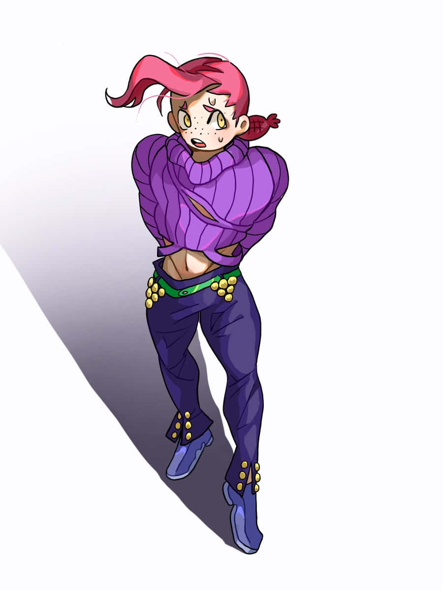 Vinegar Doppio 桌布 壁紙 — 一個風格化的動漫女孩，粉紅色頭髮和紫色毛衣，自信地站在純白色背景前。