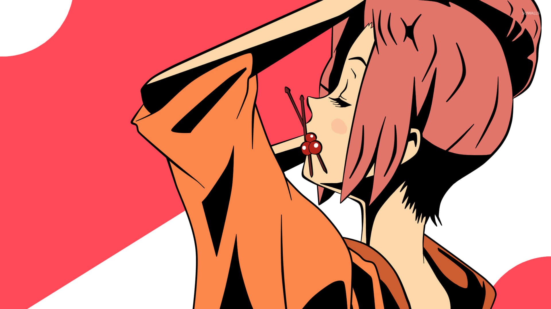 混沌武士 桌布 壁紙 — 一個風格化的動漫女孩，粉紅色頭髮和櫻桃耳環，在鮮明的紅白背景下舉起她的橙色袖子。