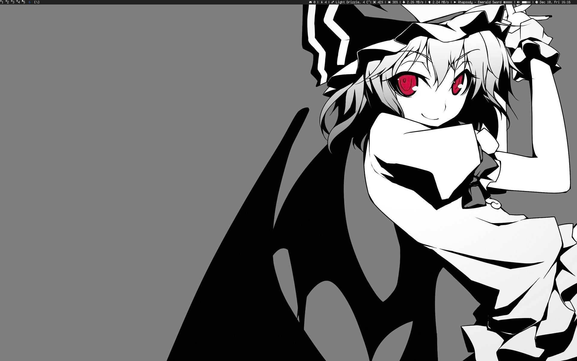 Black And White Anime 桌布 壁紙 — 一個風格化的動漫女孩，紅眼睛，穿著黑白服裝，在純灰色背景前擺姿勢。