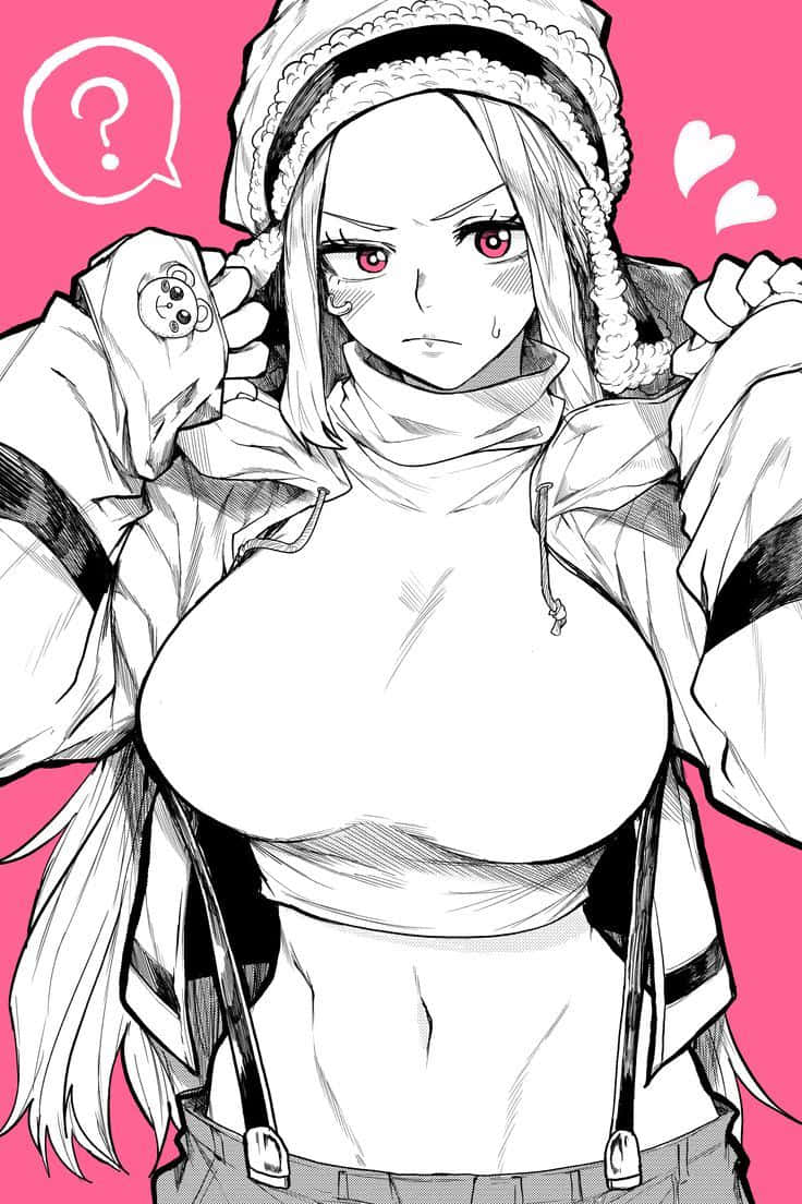 Jewelry Bonney 桌布 壁紙 — 一個風格化的動漫女孩，紅眼睛，辮子頭髮，穿著連帽衫和吊帶褲，背景是明亮的粉紅色，有心形和問號。