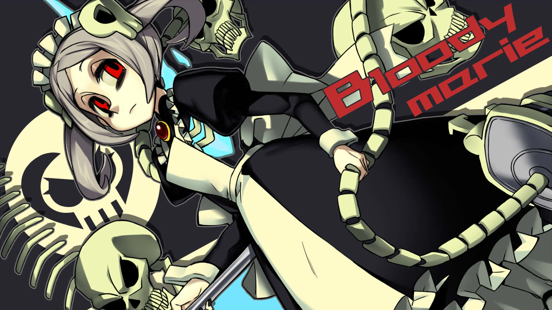 game 桌布 壁紙 — 一個風格化的動漫女孩，紅眼睛，骷髏主題服飾，在骷髏圖案和粗體紅色文字中手持武器。