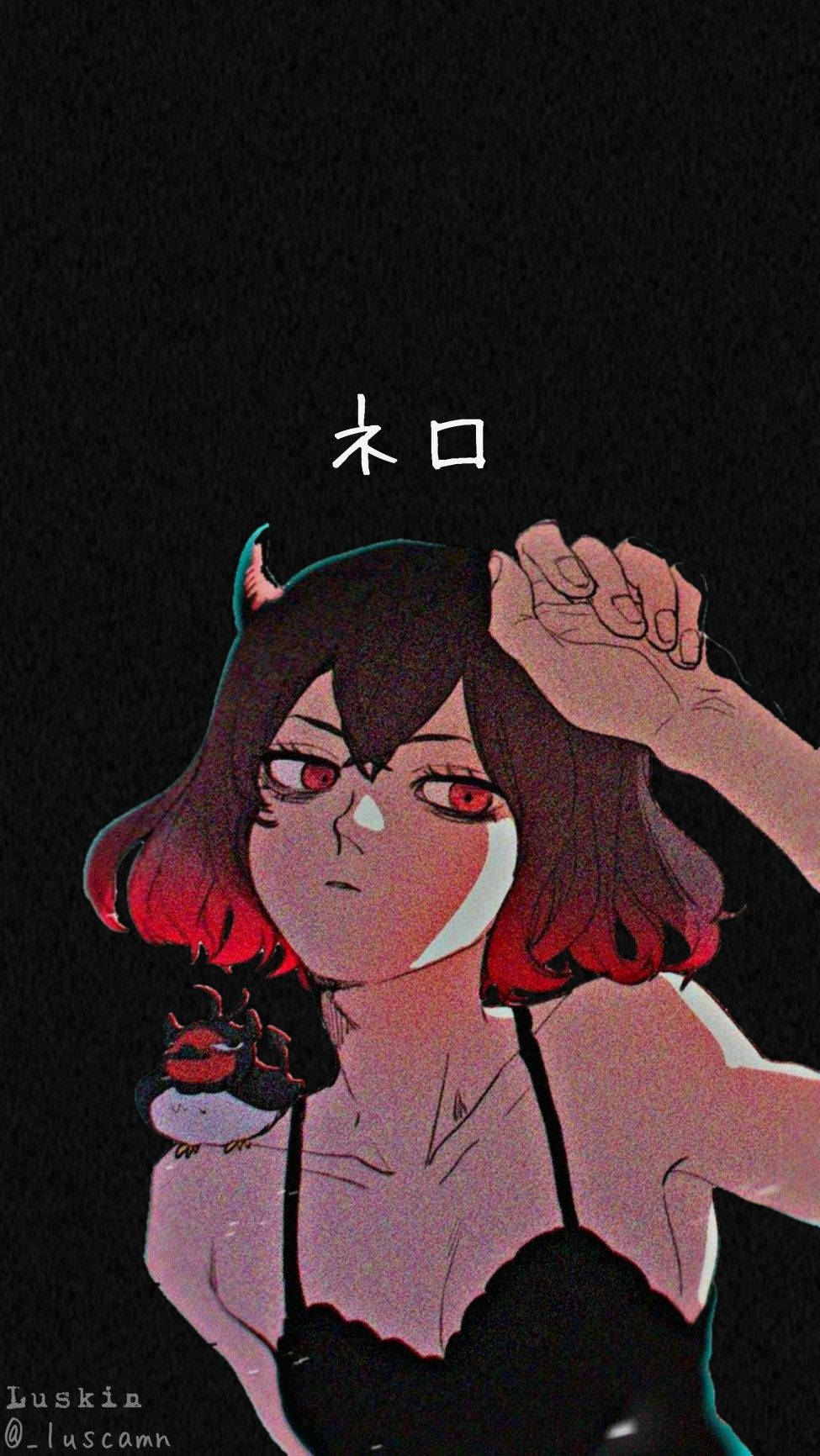 動漫女孩 桌布 壁紙 — 一個風格化的動漫女孩，紅眼睛和惡魔角，在帶有日語文字的黑暗背景中抱著頭。