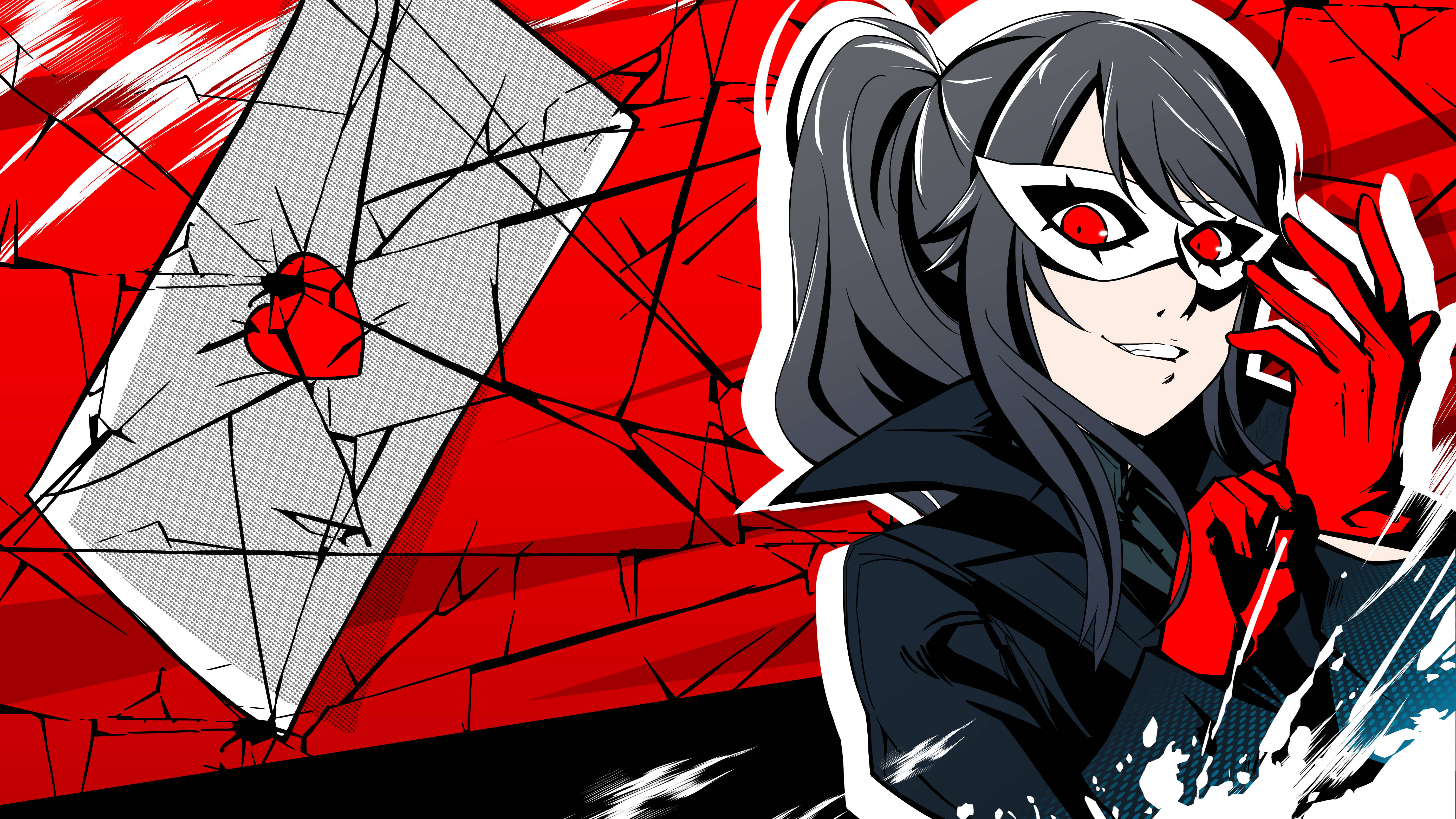 Yandere 桌布 壁紙 — 一個風格化的動漫女孩，紅眼睛黑頭髮，站在一塊破碎的玻璃板旁邊，露出一個紅色的心。