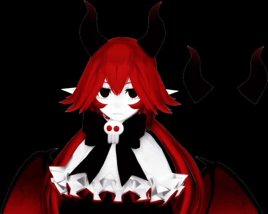 Devil Horn 桌布 壁紙 — 一個風格化的動漫女孩，紅髮、黑色角、骷髏頭蝴蝶結，站在深色背景前。
