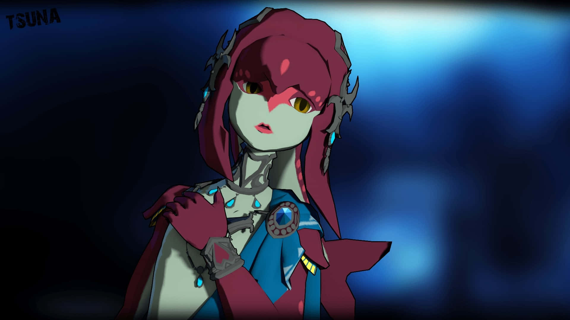 The Legend Of Zelda Mipha 桌布 壁紙 — 一個風格化的動漫女孩，紅髮和發光的眼睛，站在深藍色場景中，帶有戲劇性的燈光。