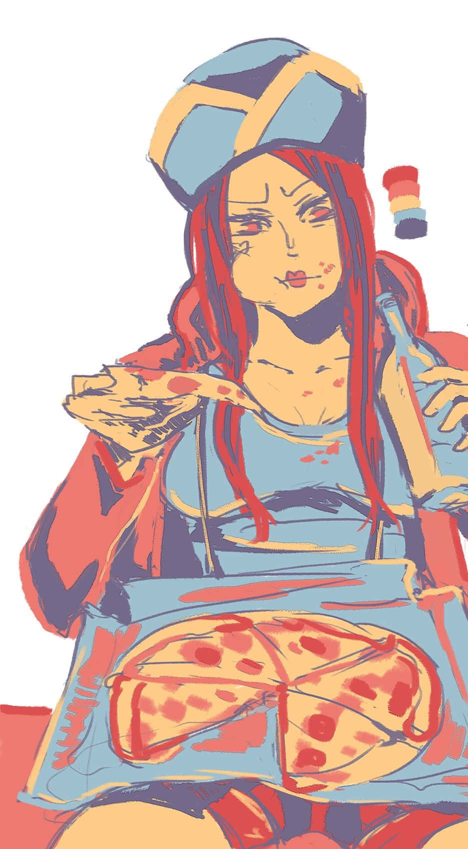 Jewelry Bonney 桌布 壁紙 — 一個風格化的動漫女孩，紅髮藍帽，在純白背景前拿著瓶子吃披薩。