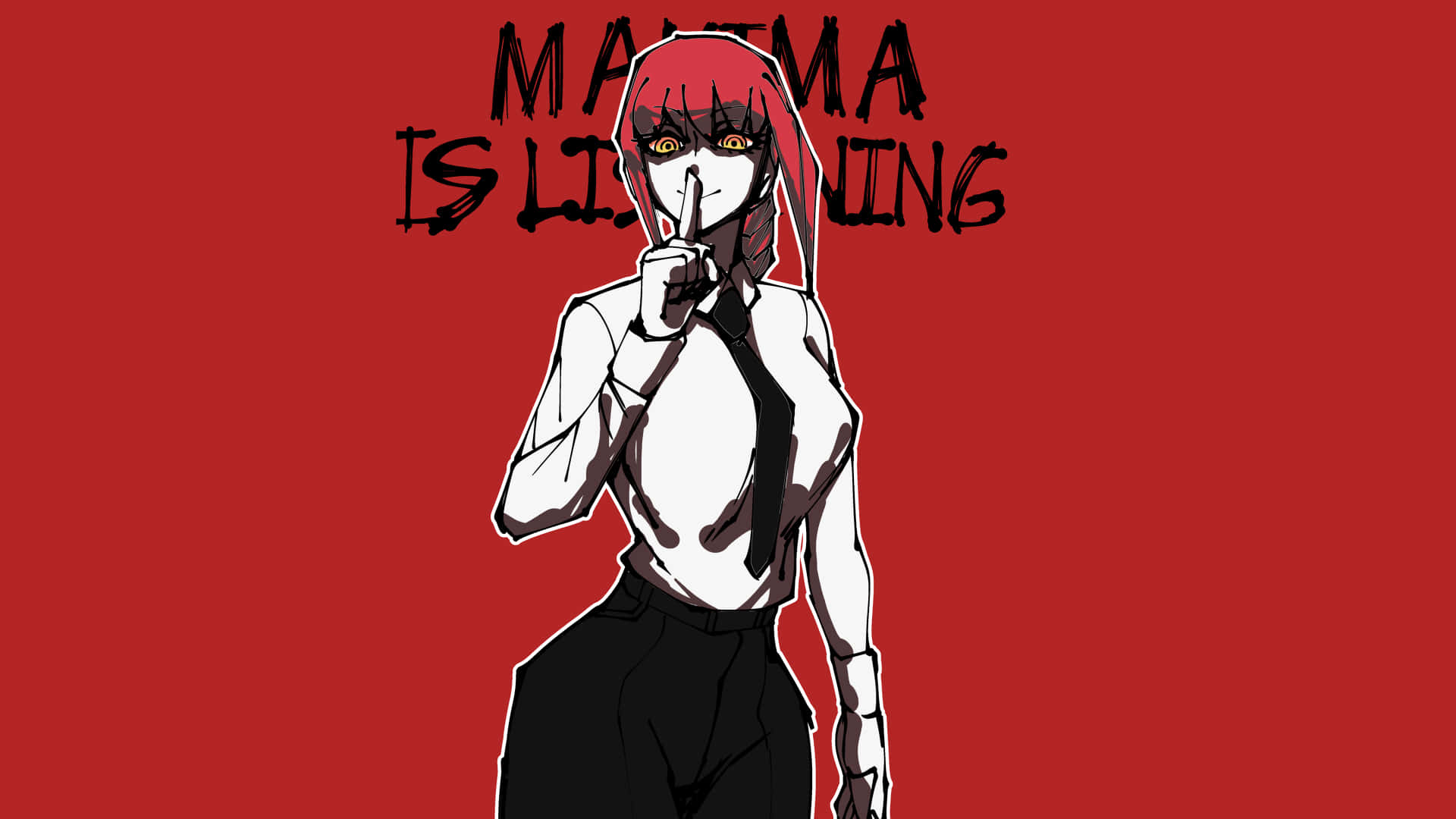 Makima Chainsaw Man 桌布 壁紙 — 一個風格化的動漫女孩，紅髮黃眼，在鮮紅色的背景上將手指放在嘴唇上，並帶有文字「MALMA IS LISTENING」。