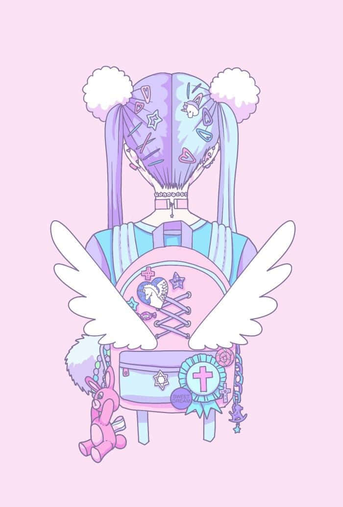 Cute Gothic 桌布 壁紙 — 一個風格化的動漫女孩，紫色雙馬尾辮和白色翅膀，背著一個裝飾過的粉紅色背包，背景是柔和的粉紅色。