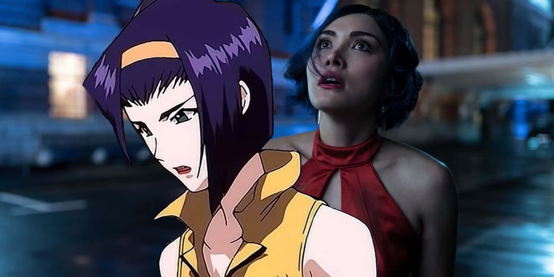 Faye Valentine 桌布 壁紙 — 一個風格化的動漫女孩，紫色頭髮，站在一個穿著紅色連衣裙的真人女性旁邊，在夜晚的雨中霓虹燈城市街道上。