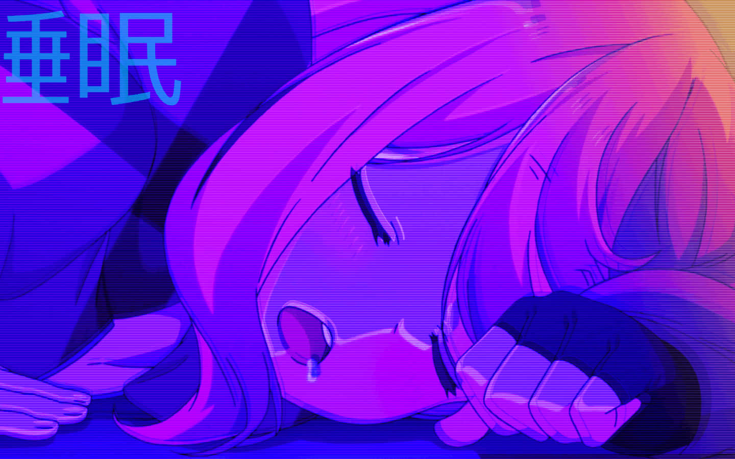Cute Aesthetic Anime Desktop 桌布 壁紙 — 一個風格化的動漫女孩，紫色頭髮，在鮮豔的霓虹燈光下平靜地睡著，一滴眼淚落下。