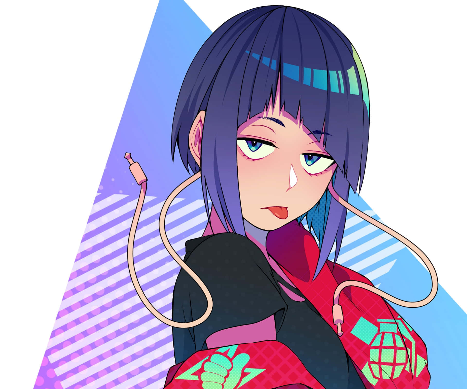 Kyoka Jiro 桌布 壁紙 — 一個風格化的動漫女孩，紫色頭髮和發光的眼睛，穿著帶有霓虹綠色符號的紅色外套，背景是充滿活力的幾何圖案。