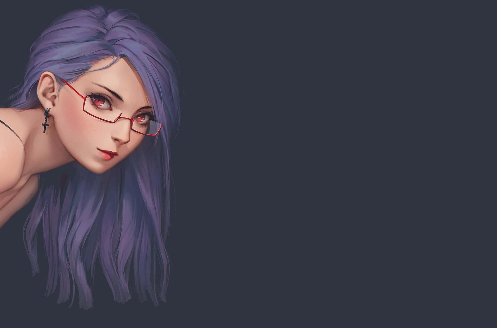 Rize Kamishiro 桌布 壁紙 — 一個風格化的動漫女孩，紫色頭髮和紅色眼鏡，在深灰色背景上凝視著。