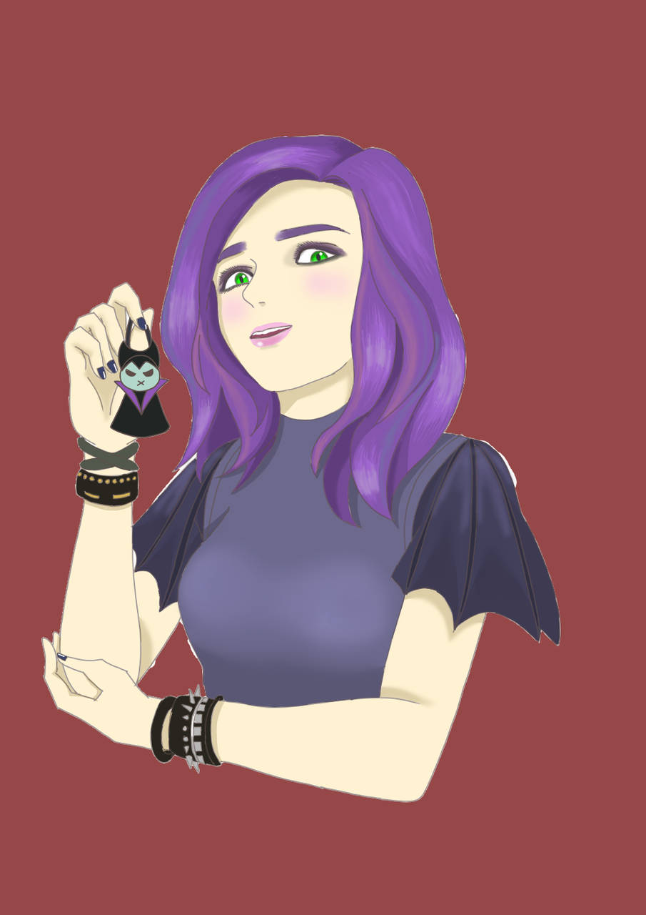 Descendants 桌布 壁紙 — 一個風格化的動漫女孩，紫色頭髮和綠色眼睛，在純栗色背景前拿著一個小蝙蝠形狀的吊墜。