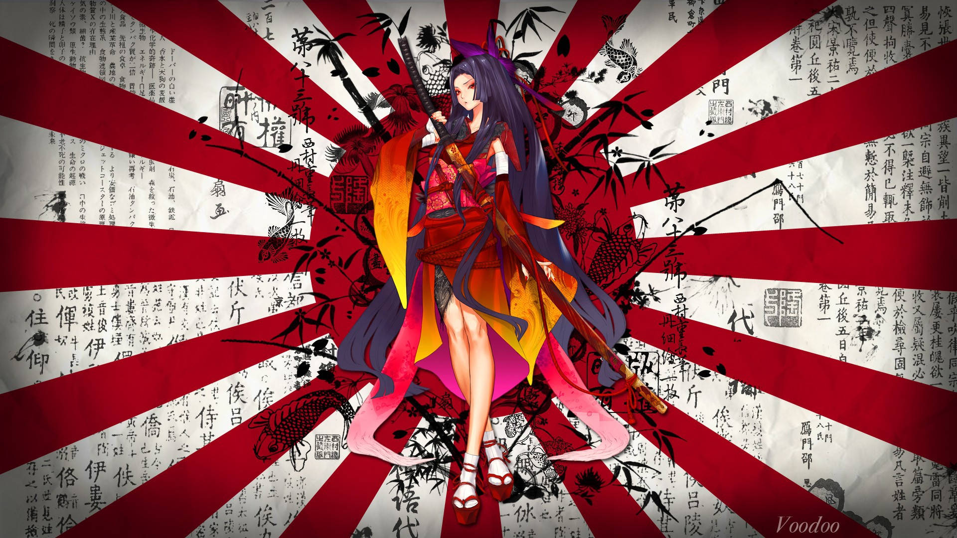 Geisha 桌布 壁紙 — 一個風格化的動漫女孩，紫色頭髮和紅色和服，站在紅白相間的太陽光線背景前，帶有日本書法和竹子圖案。
