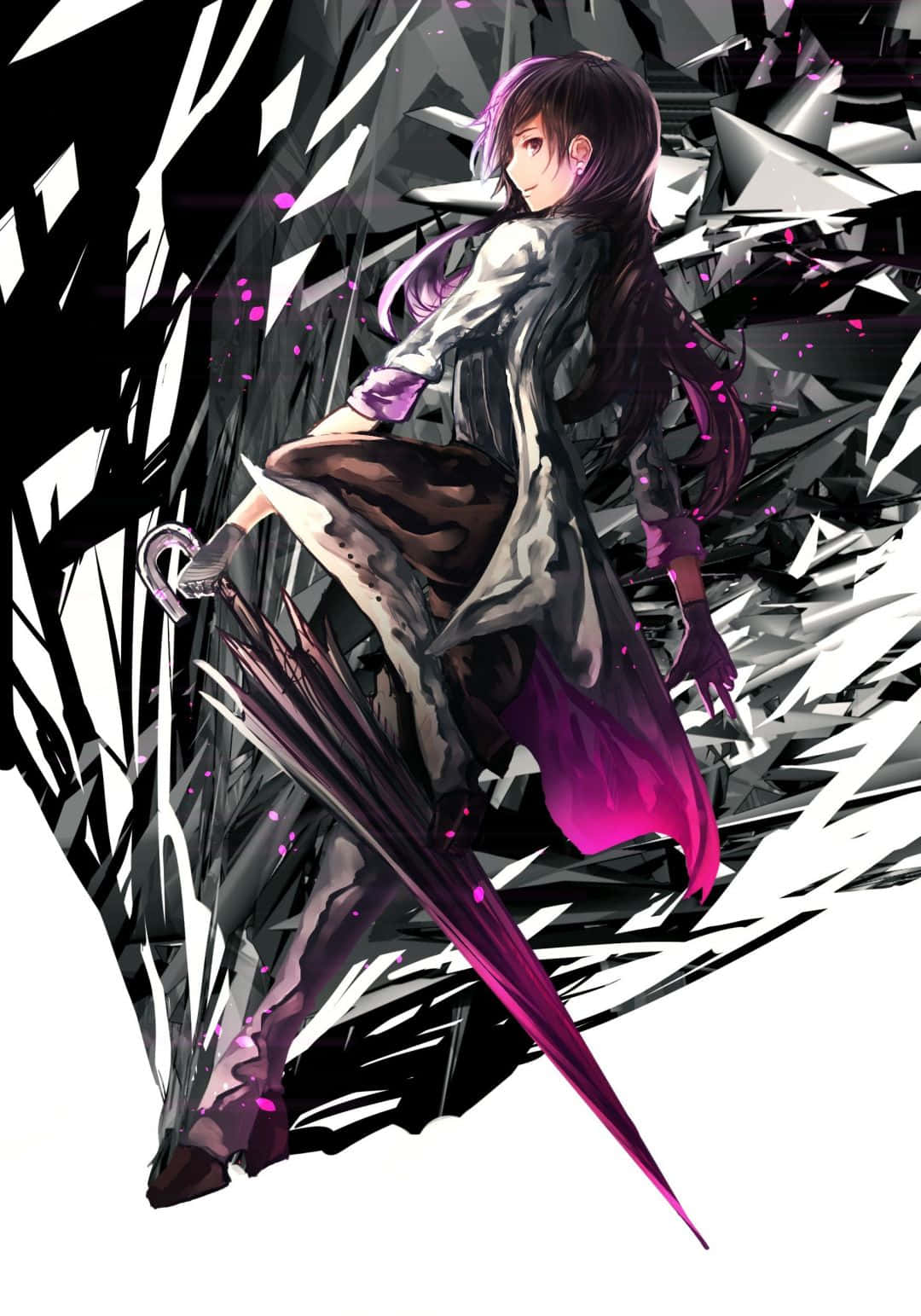 Rwby 桌布 壁紙 — 一個風格化的動漫女孩，紫色頭髮和長外套，在破碎的黑白碎片中揮舞著發光的粉紅色劍。