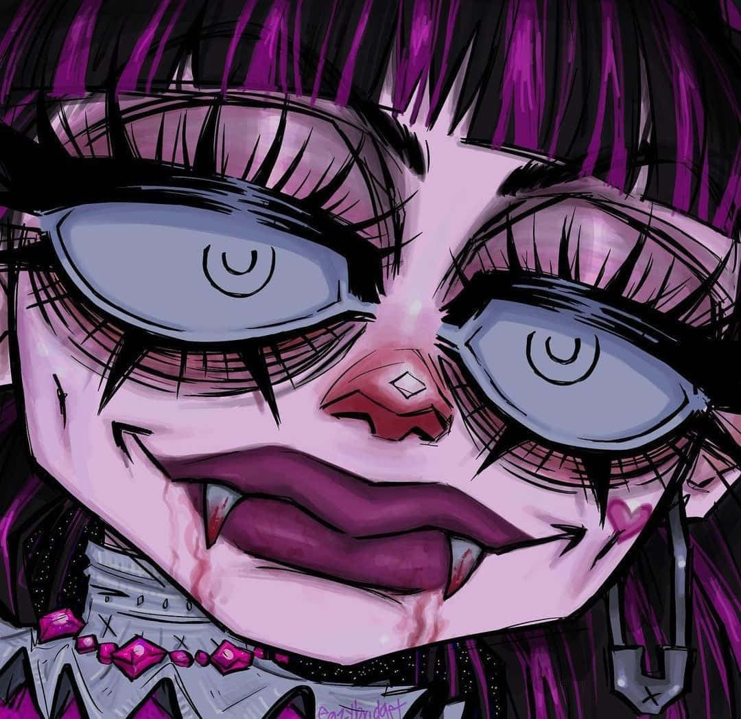 Grunge Cartoon 桌布 壁紙 — 一個風格化的動漫女孩，紫色頭髮和尖牙，睜大眼睛帶著冷笑凝視。