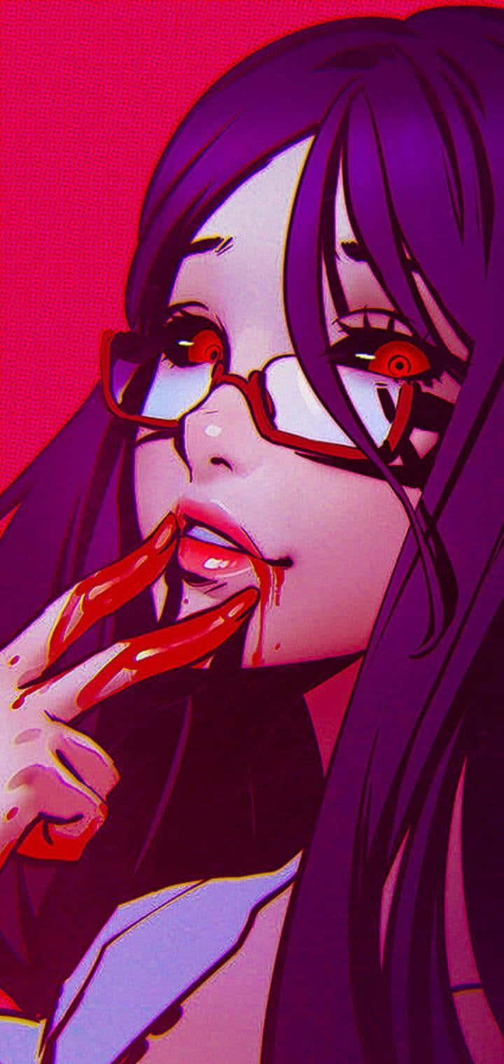 Rize Kamishiro 桌布 壁紙 — 一個風格化的動漫女孩，紫色頭髮和紅色眼鏡，在充滿活力的粉紅色背景前舔著沾滿紅色液體的手指。