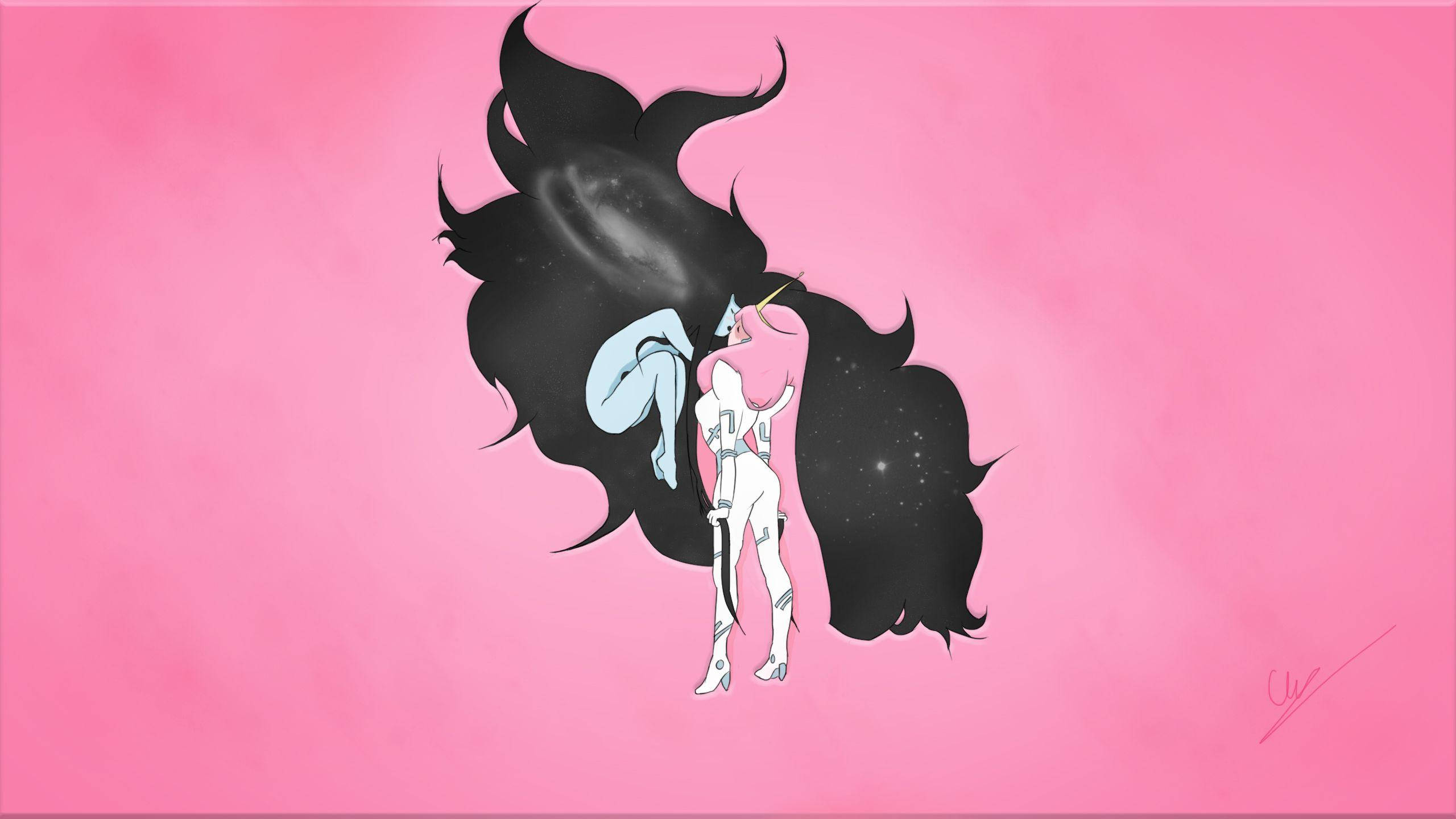 Princess 桌布 壁紙 — 一個風格化的動漫女孩，紮著粉紅色馬尾辮，黑色頭髮漩渦，在柔和的粉紅色背景上握著劍。