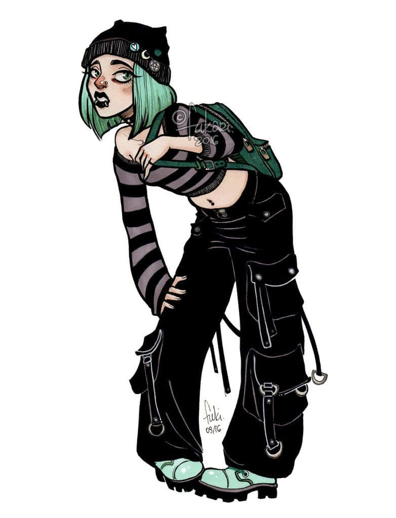 Grunge Cartoon 桌布 壁紙 — 一個風格化的動漫女孩，綠色頭髮，戴黑色毛帽，向前傾，身穿條紋上衣、工裝褲和綠色背包。