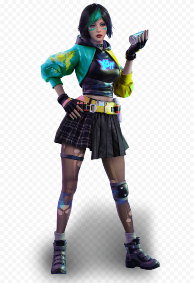 free fire 4K 桌布 壁紙 — 一個風格化的動漫女孩，綠色頭髮和賽博龐克裝備，在格子背景前拿著一個發光的罐子。