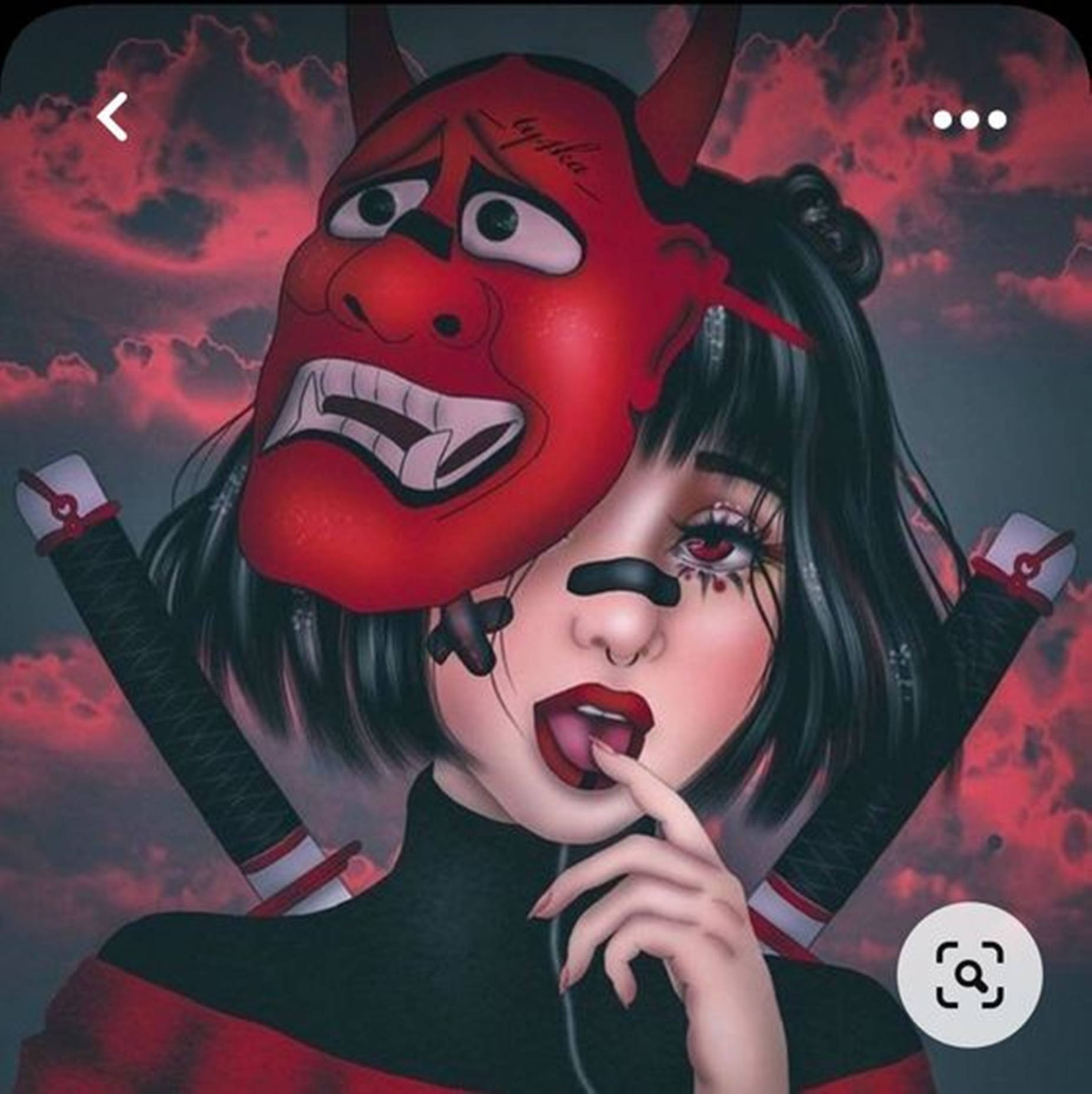 動漫女孩戴著紅色惡魔面具，身後有劍，背景是紅色天空。 — 惡魔動圖 壁紙