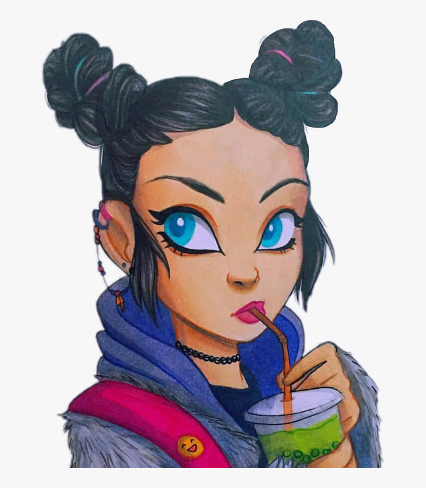 Grunge Cartoon 桌布 壁紙 — 一個風格化的動漫女孩，藍色眼睛和雙丸子頭，用吸管啜飲綠色飲料。