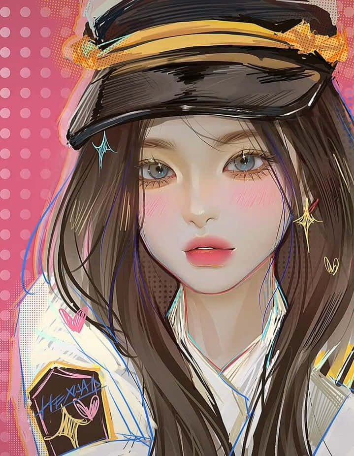 動漫女孩 桌布 壁紙 — 一個風格化的動漫女孩，藍色眼睛和長長的棕色頭髮，戴著黑色帽子，穿著白色外套，背景是粉紅色圓點。