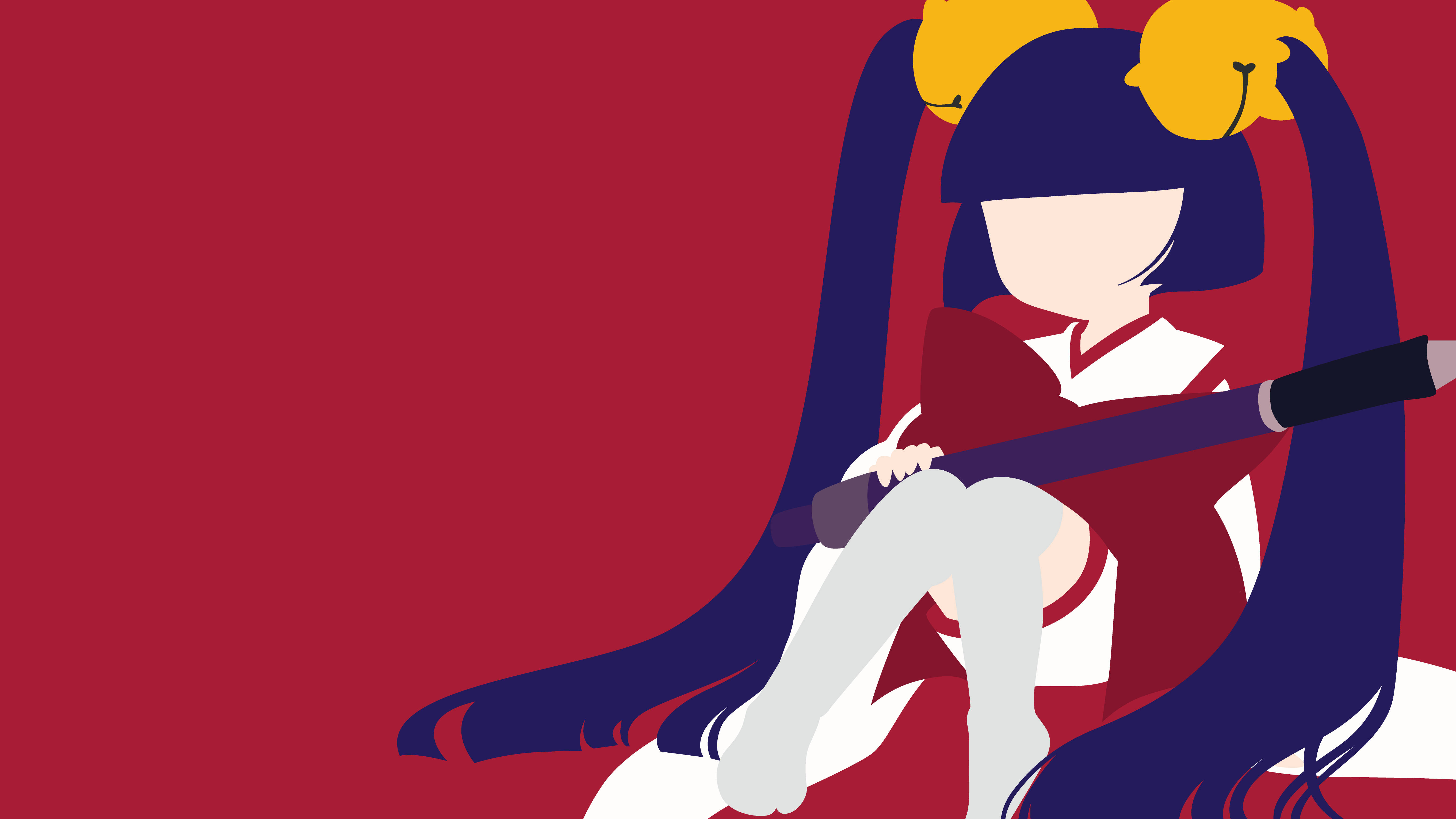 Chobits 桌布 壁紙 — 一個風格化的動漫女孩，藍色雙馬尾和黃色鈴鐺，盤腿坐著，手持法杖，背景為純紅色。
