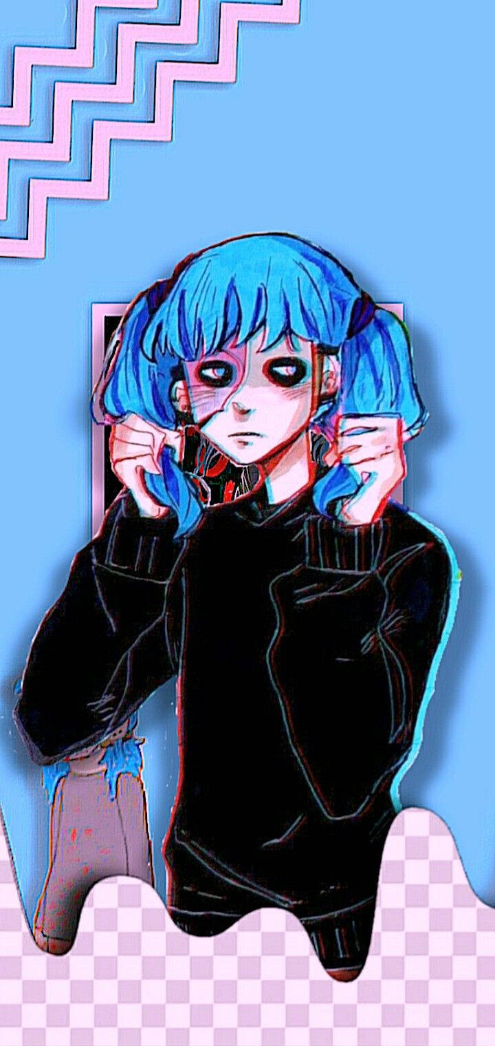 電玩遊戲 桌布 壁紙 — 一個風格化的動漫女孩，藍色頭髮，蒼白的臉，在帶有鋸齒圖案的粉藍色背景上捂住耳朵。