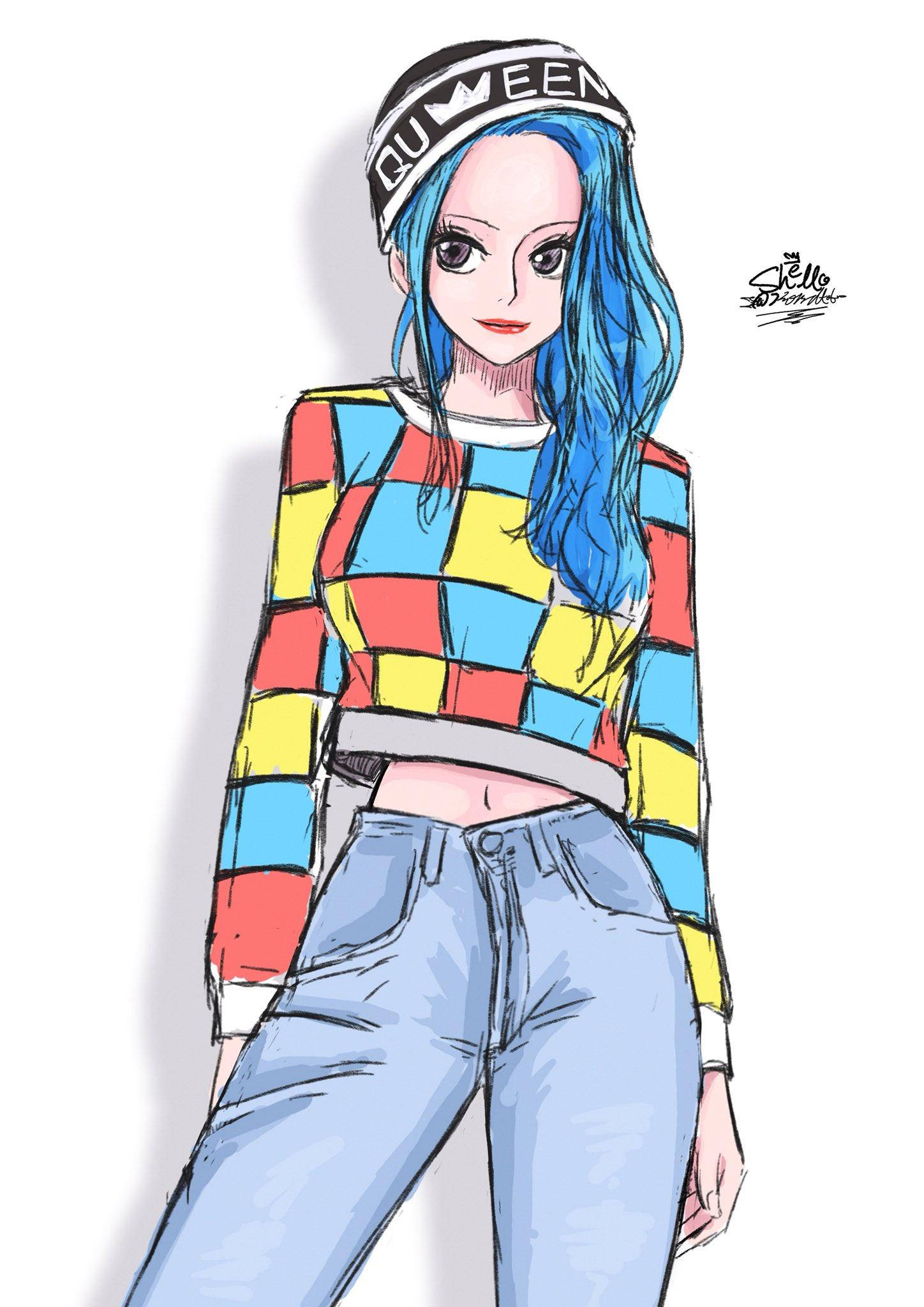 nefertari vivi 桌布 壁紙 — 一個風格化的動漫女孩，藍色頭髮，穿著格子短上衣，在純白色背景前自信地擺姿勢。