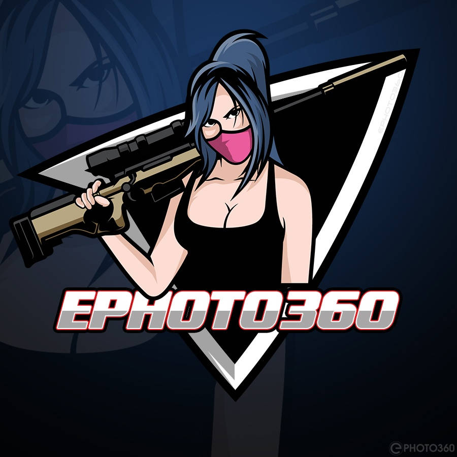 Gamer Logo 桌布 壁紙 — 一個風格化的動漫女孩，藍色頭髮和粉紅色面具，在深藍色背景上拿著狙擊步槍，帶有標誌。