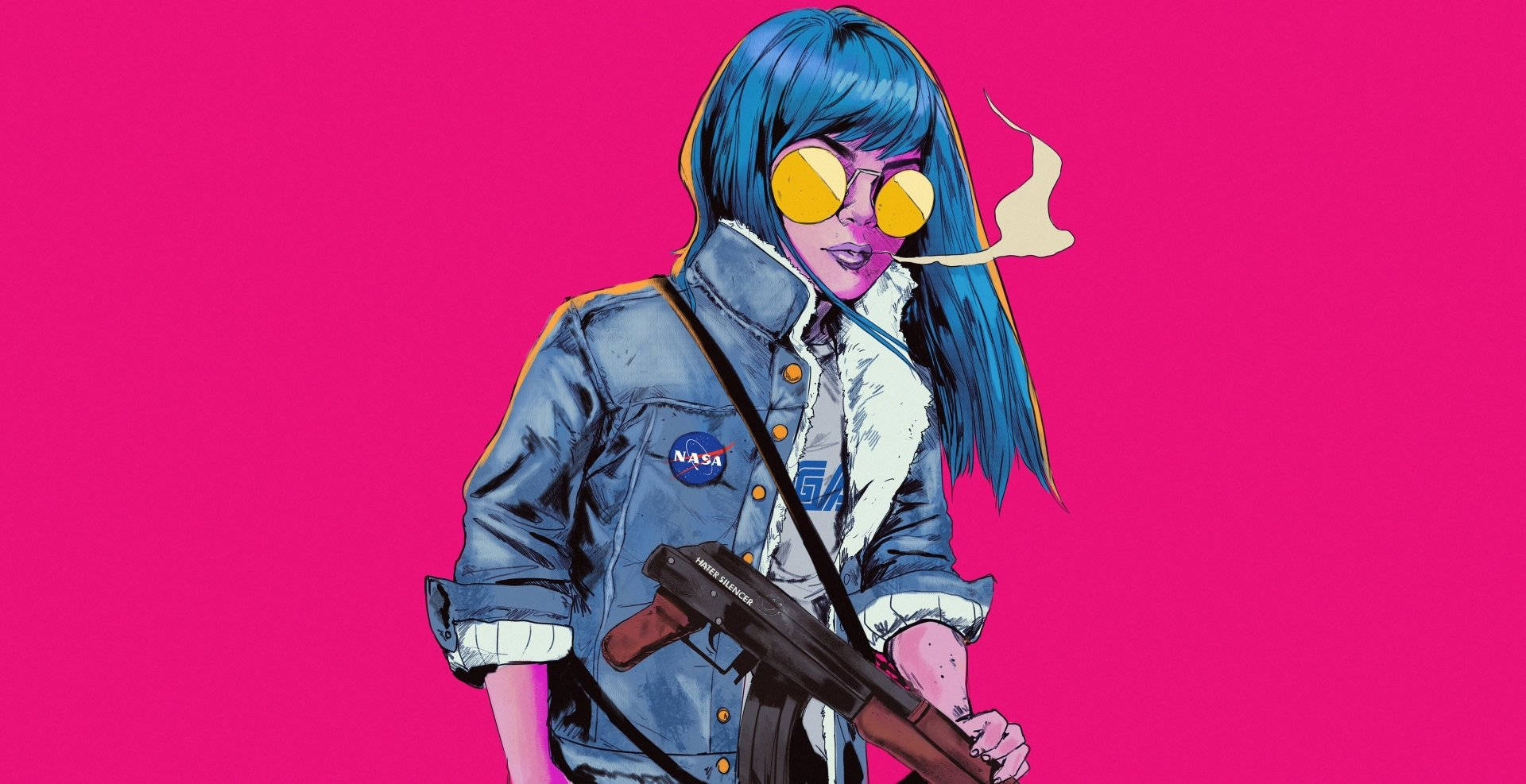 美少女動態圖 桌布 壁紙 — 一個風格化的動漫女孩，藍色頭髮和黃色太陽眼鏡，在鮮豔的粉紅色背景下抽煙並手持步槍。