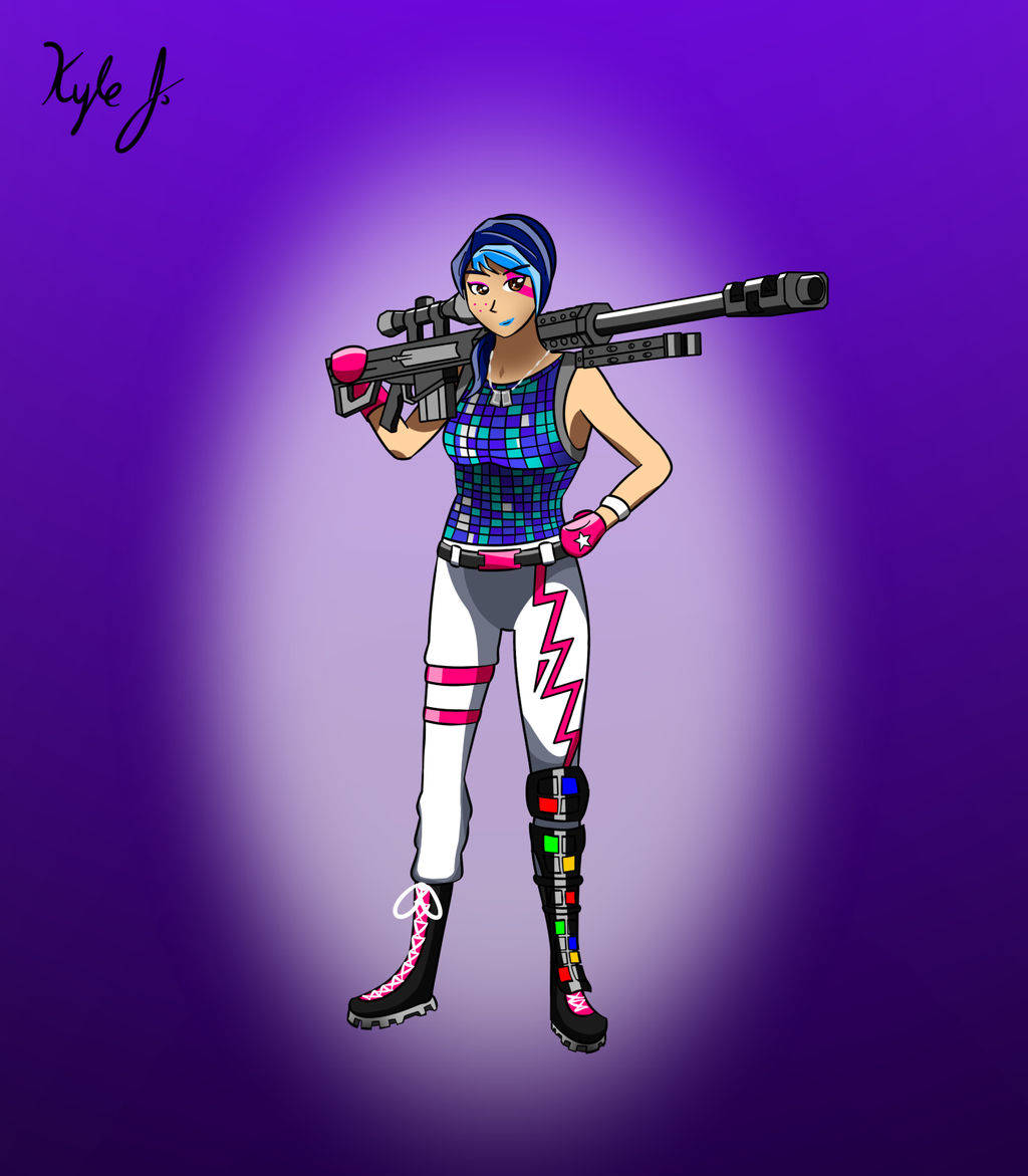Sparkle Specialist Fortnite 桌布 壁紙 — 一個風格化的動漫女孩，藍色頭髮和粉紅色眼睛，自信地站立，手持狙擊步槍，背景是發光的紫色漸變。
