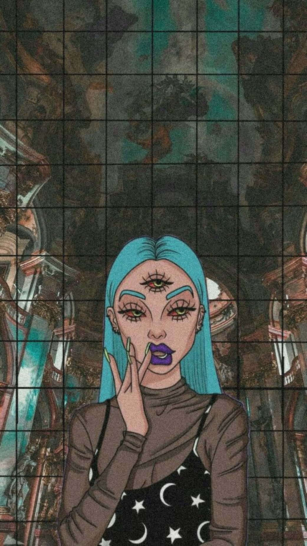 Girl Aesthetic 桌布 壁紙 — 一個風格化的動漫女孩，藍色頭髮和第三隻眼睛，對著一個疊加了超現實夢幻景色的網格做出噤聲手勢。